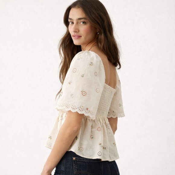 Cottagecore Eyelet Babydoll Top Floral Peasant Blouse American Eagle S - Picture 3 of 16